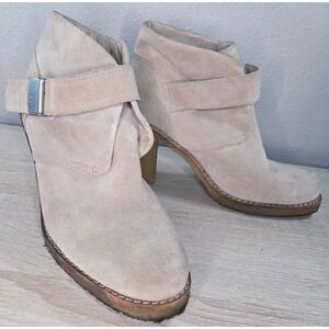 UGG Brienne Suede Shearling Ankle Boots Strap Heel Beige 7.5